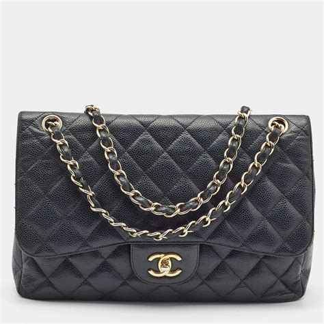 chanel caviar bag black - CHANEL Caviar Quilted Jumbo Double Flap Black.